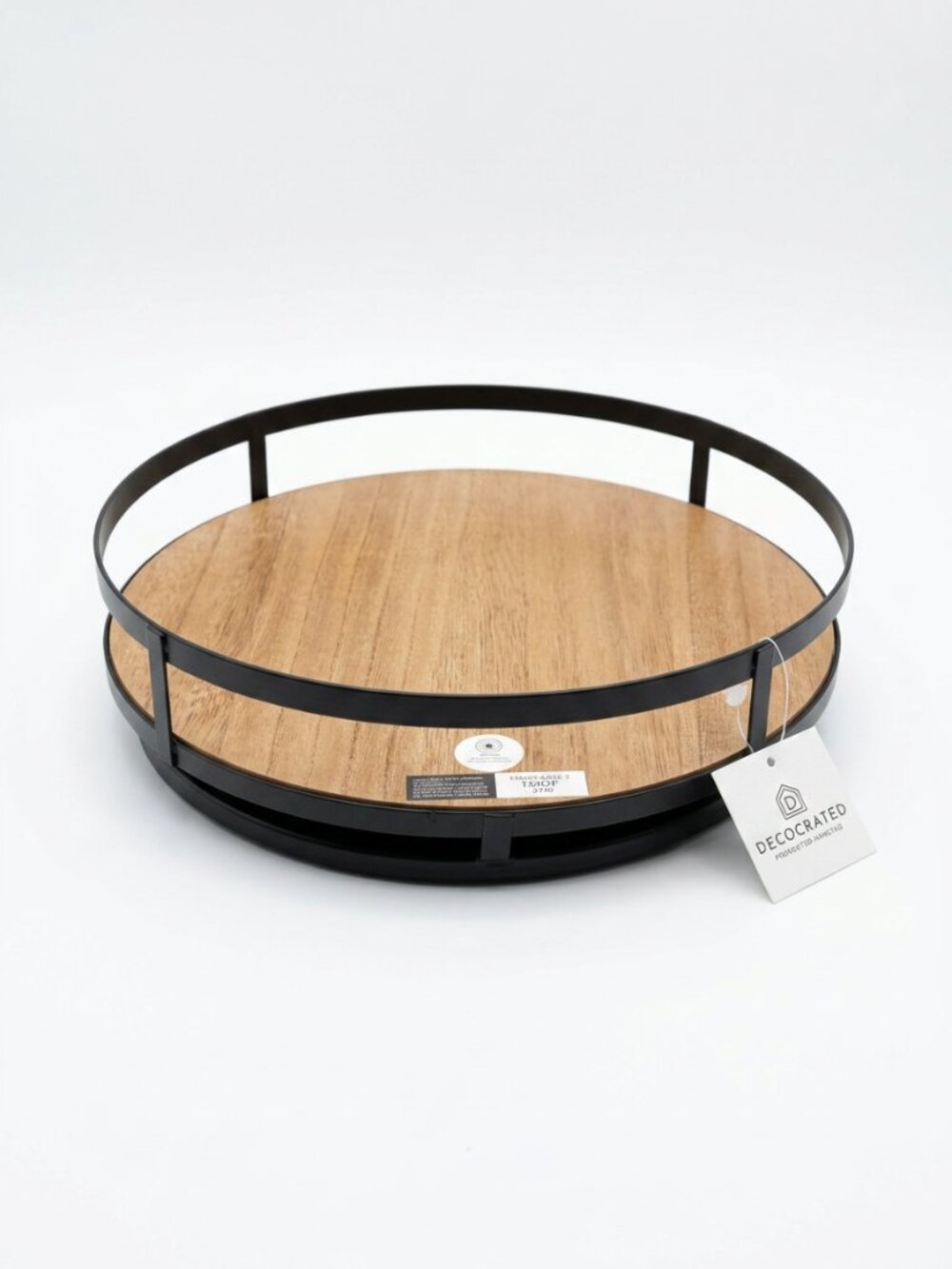 NWT Decocrated Round Wood & Metal Lazy Susan Turntable Tray